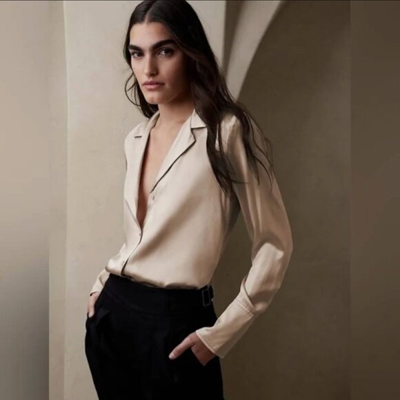 Banana Republic Bliss Silk Resort Shirt Blouse Black NWT - Picture 6 of 8